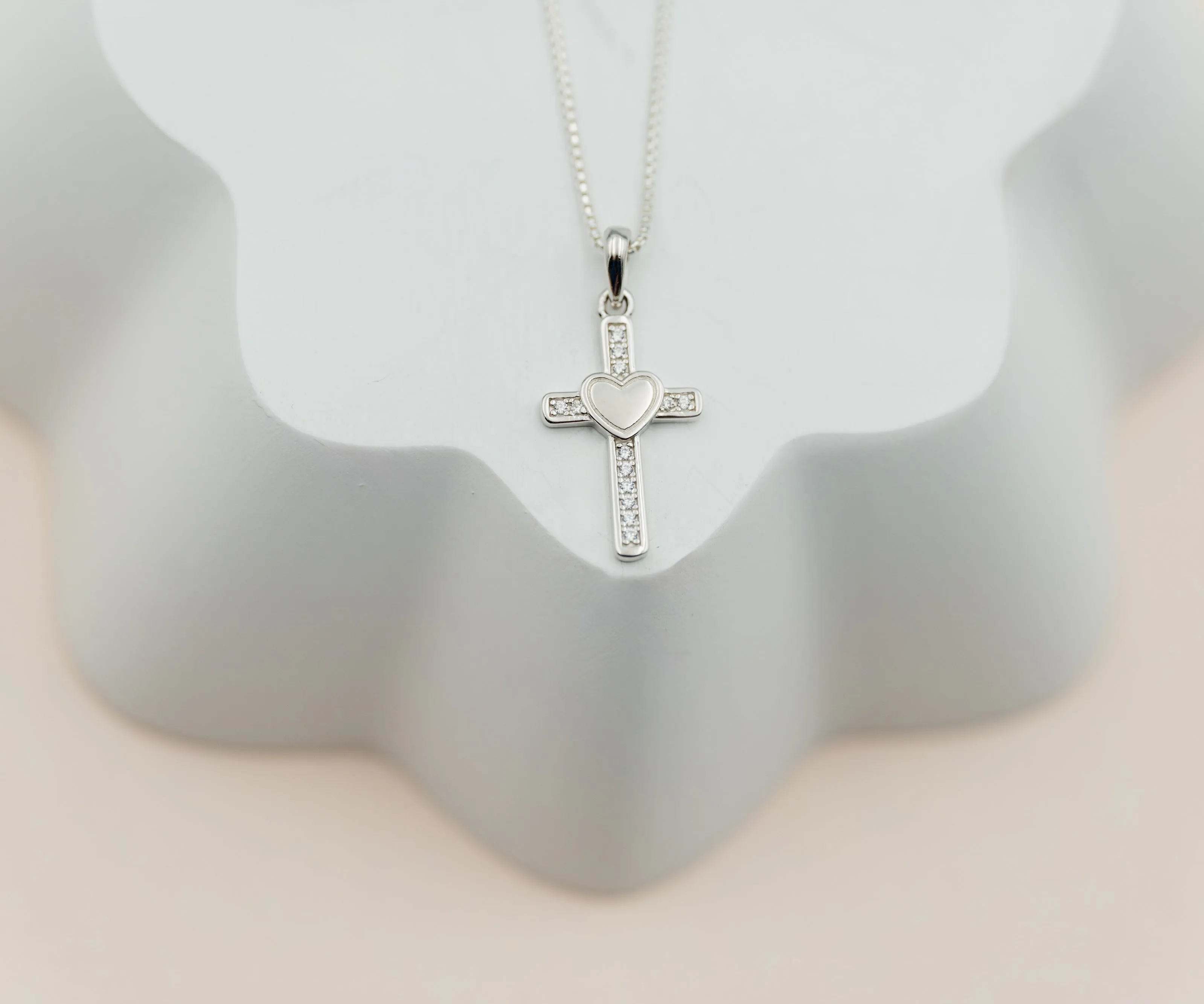 Sterling Silver Children's Cross CZ Necklace with Solid Heart