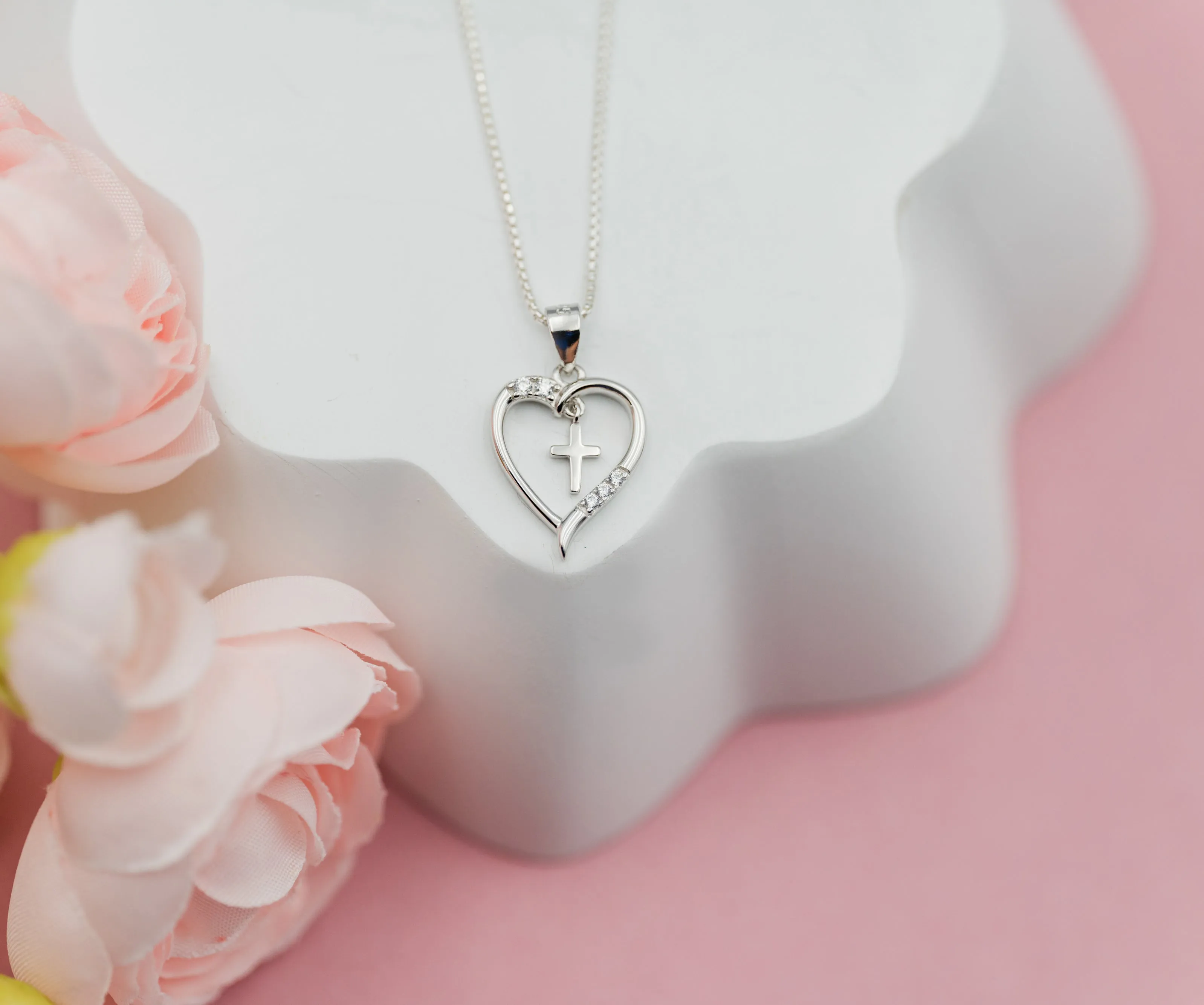 Sterling Silver Children's Dancing Cross Heart Necklace for Communion