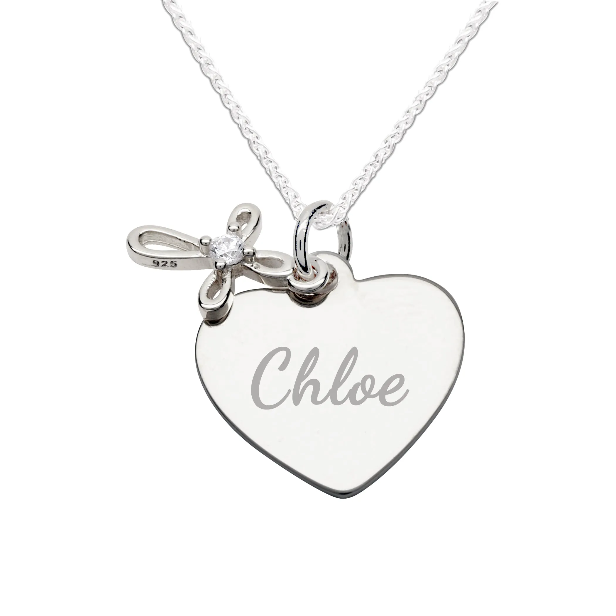 Sterling Silver Children's Engraveable Heart with Cross Necklace