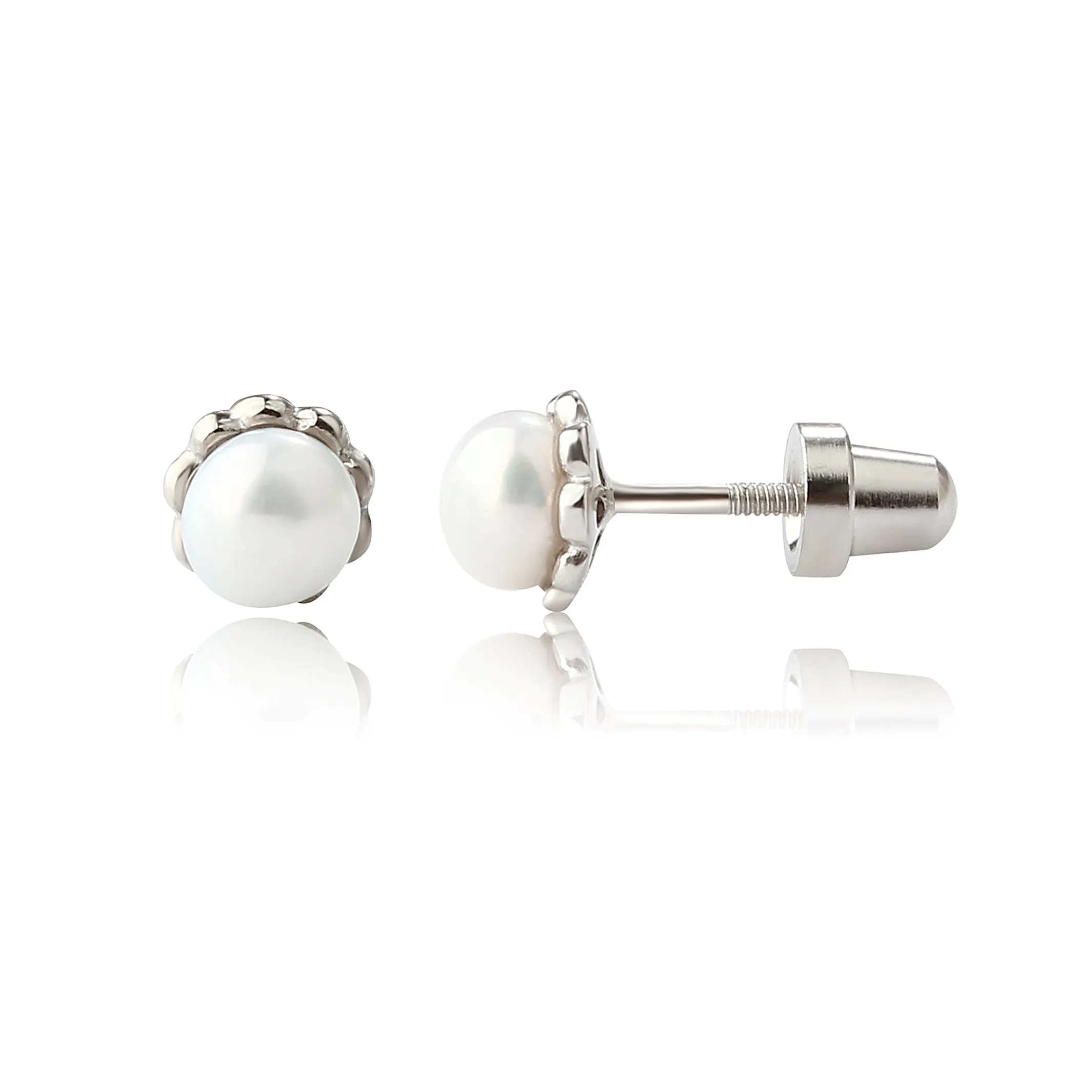 Sterling Silver Child's Freshwater Pearl Screw Back Earrings with Scalloped Edge