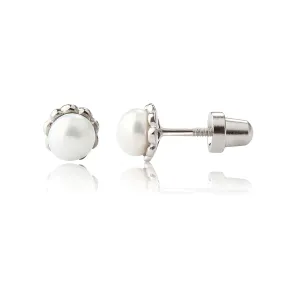 Sterling Silver Child's Freshwater Pearl Screw Back Earrings with Scalloped Edge