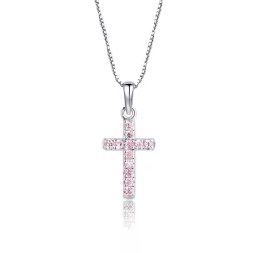 Sterling Silver Child's Pink CZ Cross Necklace