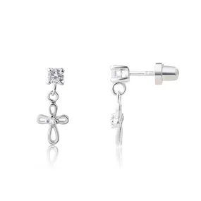 Sterling Silver CZ with Cross Earrings for Baptism or First Communion Gift