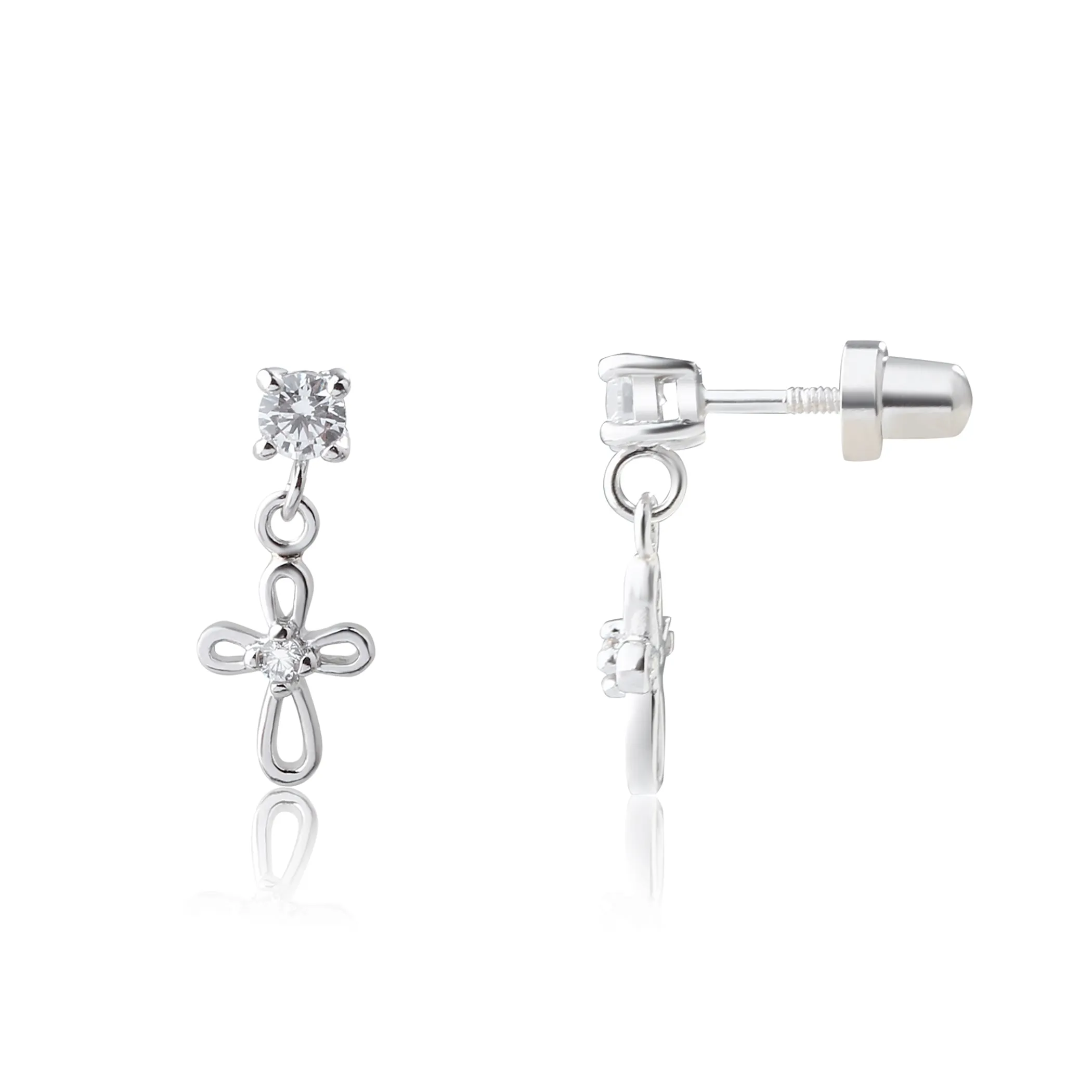 Sterling Silver CZ with Cross Earrings for Baptism or First Communion Gift