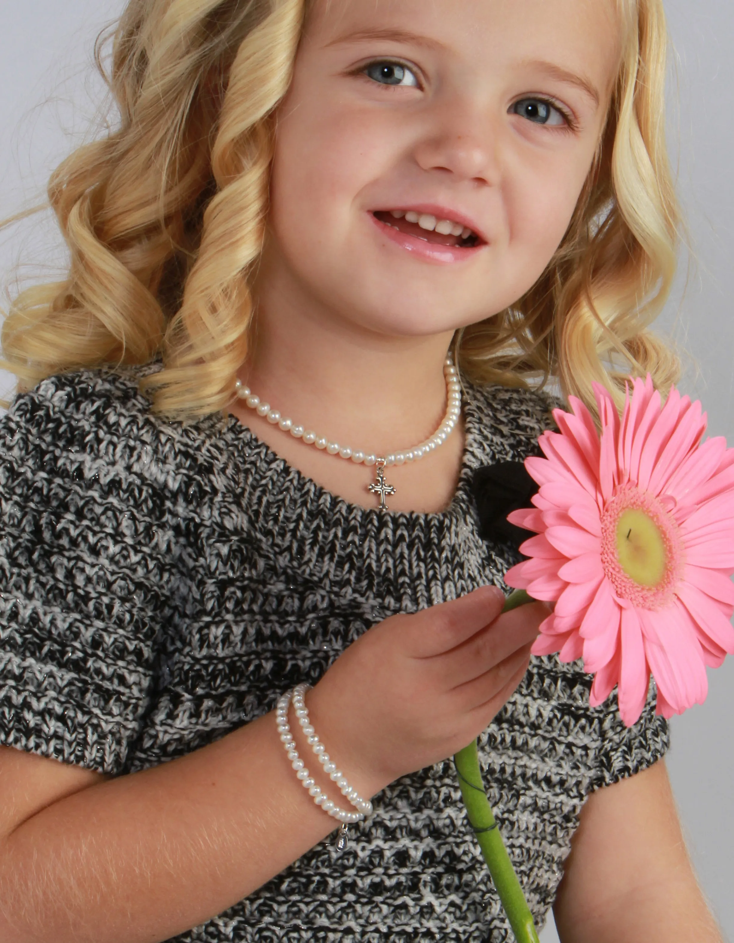 Sterling Silver Double-Strand Simulated Pearl Bracelet for Kids and Little Girls