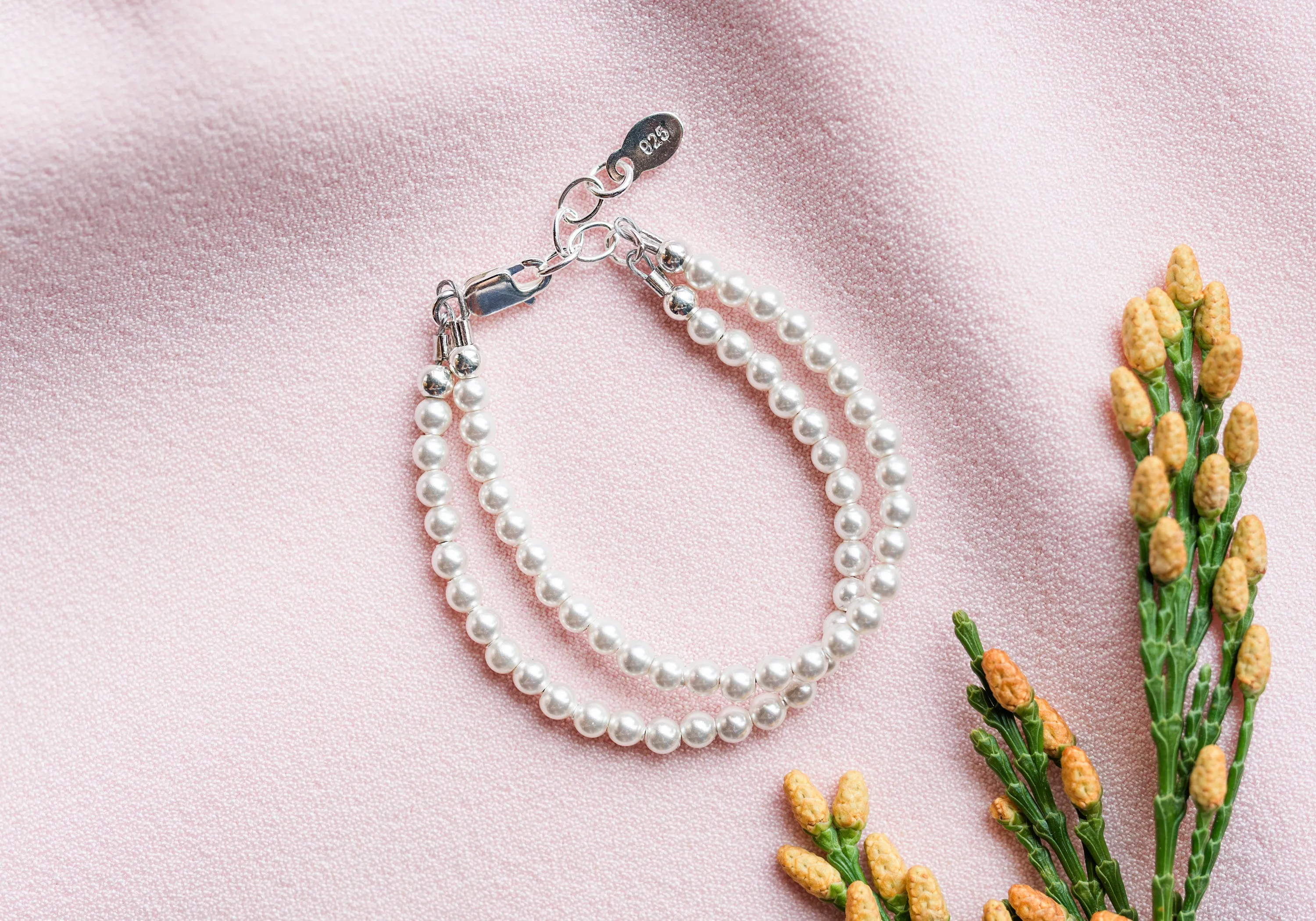 Sterling Silver Double-Strand Simulated Pearl Bracelet for Kids and Little Girls