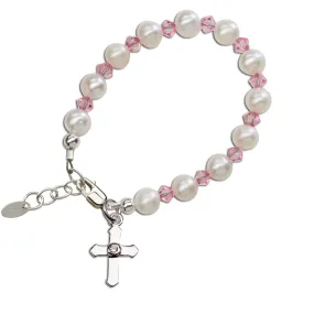 Sterling Silver Freshwater Pearl Pink Cross Bracelet for Little Girls