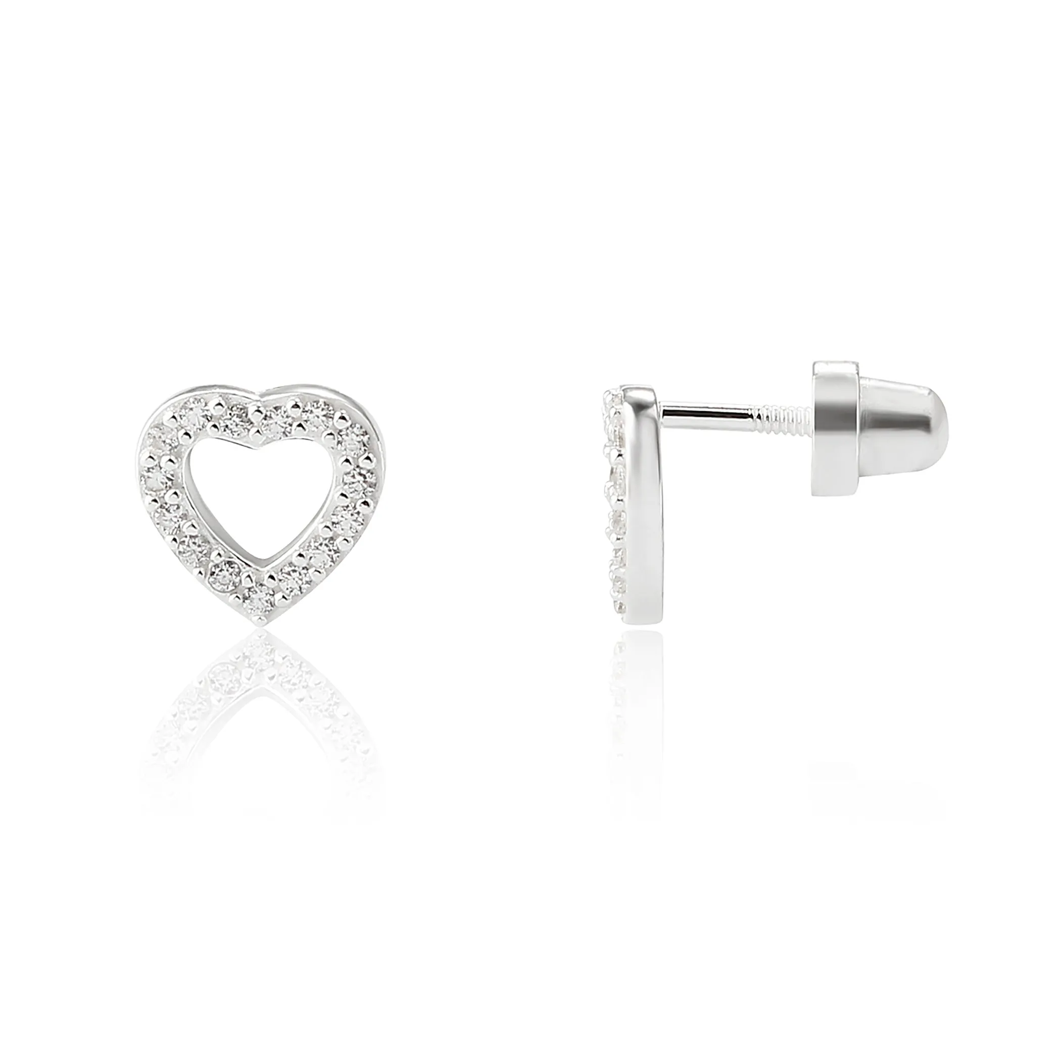 Sterling Silver Heart Earrings with CZs and Screw Backs for Kids