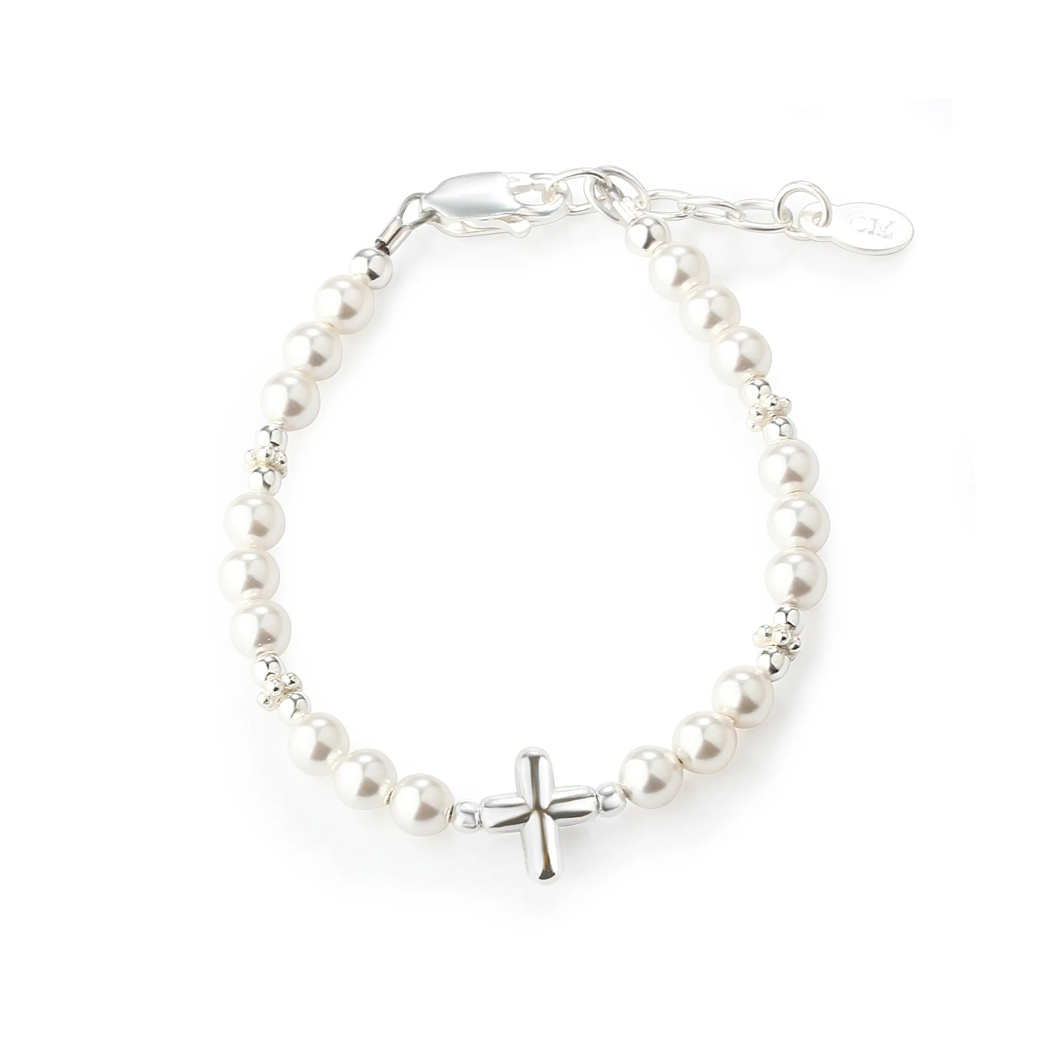 Sterling Silver High-End Austrian Simulated Pearl Baptism Cross Bracelet for Baby Girl