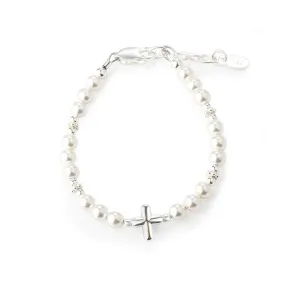 Sterling Silver High-End Austrian Simulated Pearl Baptism Cross Bracelet for Baby Girl