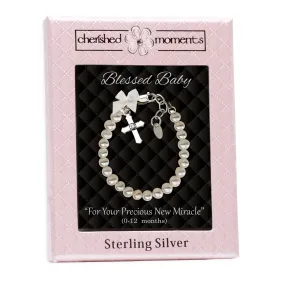 Sterling Silver High-End Austrian Simulated Pearl Cross Baptism Bracelet for Infant Baby or Little Girls Communion Gift