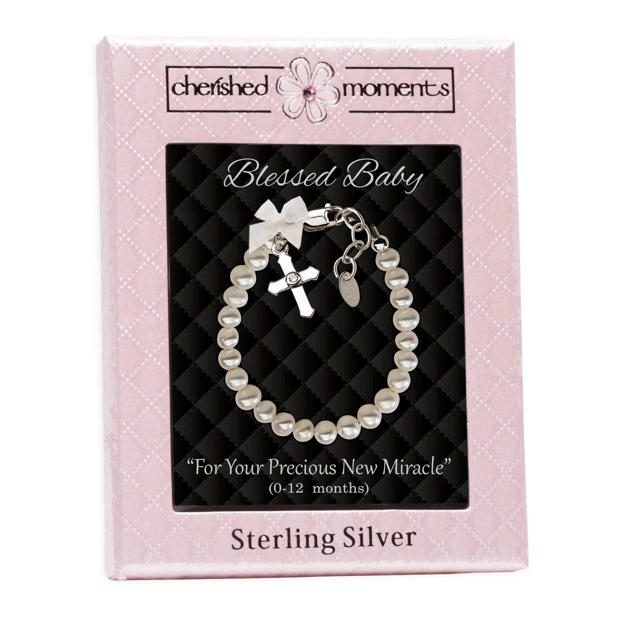 Sterling Silver High-End Austrian Simulated Pearl Cross Baptism Bracelet for Infant Baby or Little Girls Communion Gift