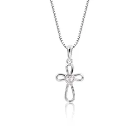 Sterling Silver Infinity Cross Necklace with CZ Heart for Kids