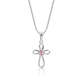 Sterling Silver Infinity Cross Necklace with Pink CZ Heart for Kids