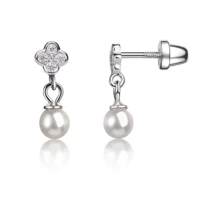 Sterling Silver Kid's Daisy w/Dangling Pearl Earrings