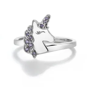 Sterling Silver Kid's Purple Unicorn Ring with CZs