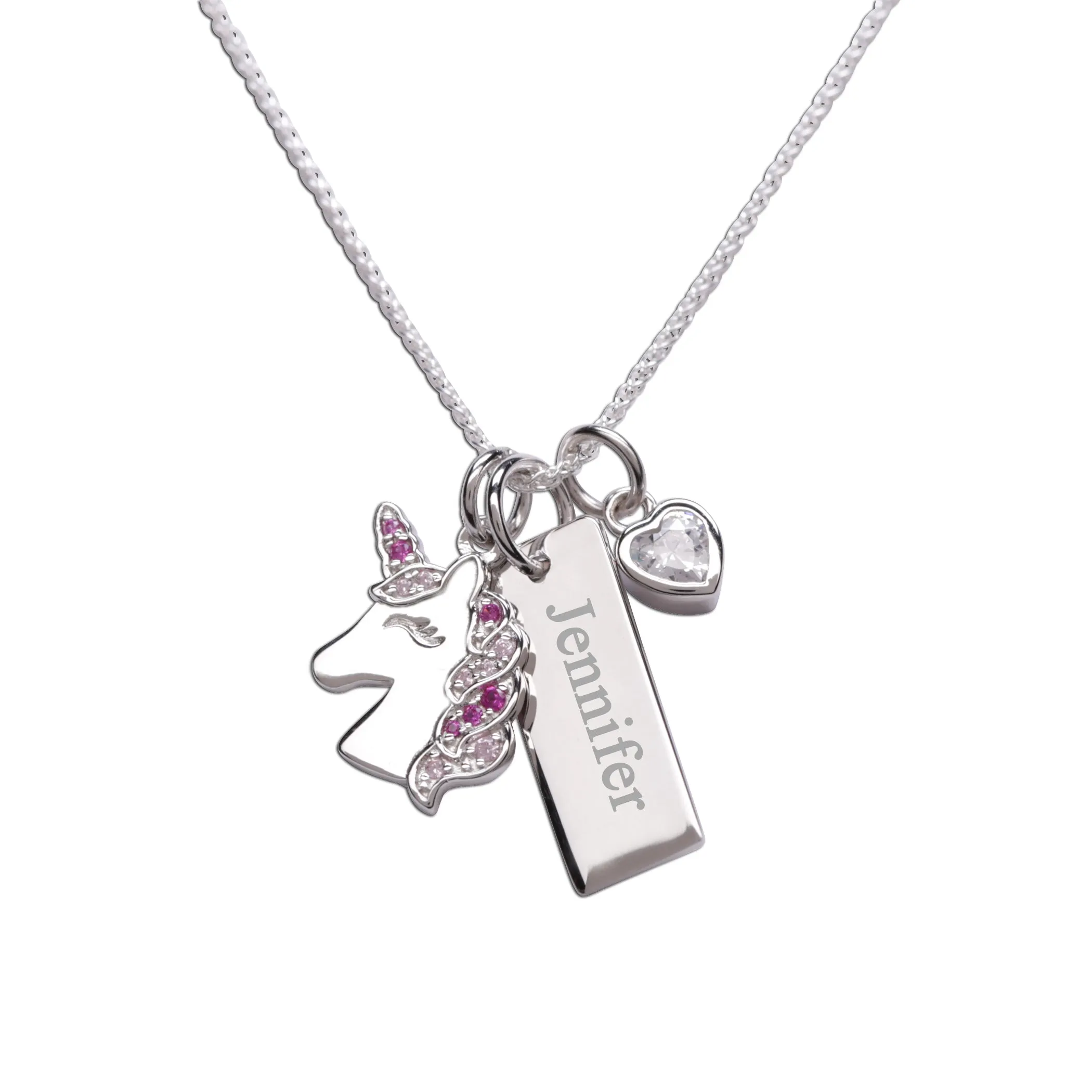 Sterling Silver Kids Unicorn Bar Necklace with Pink Heart