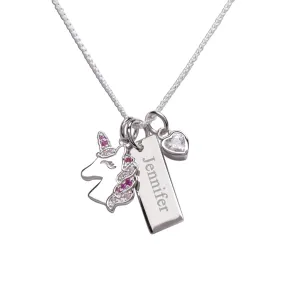Sterling Silver Kids Unicorn Bar Necklace with Pink Heart