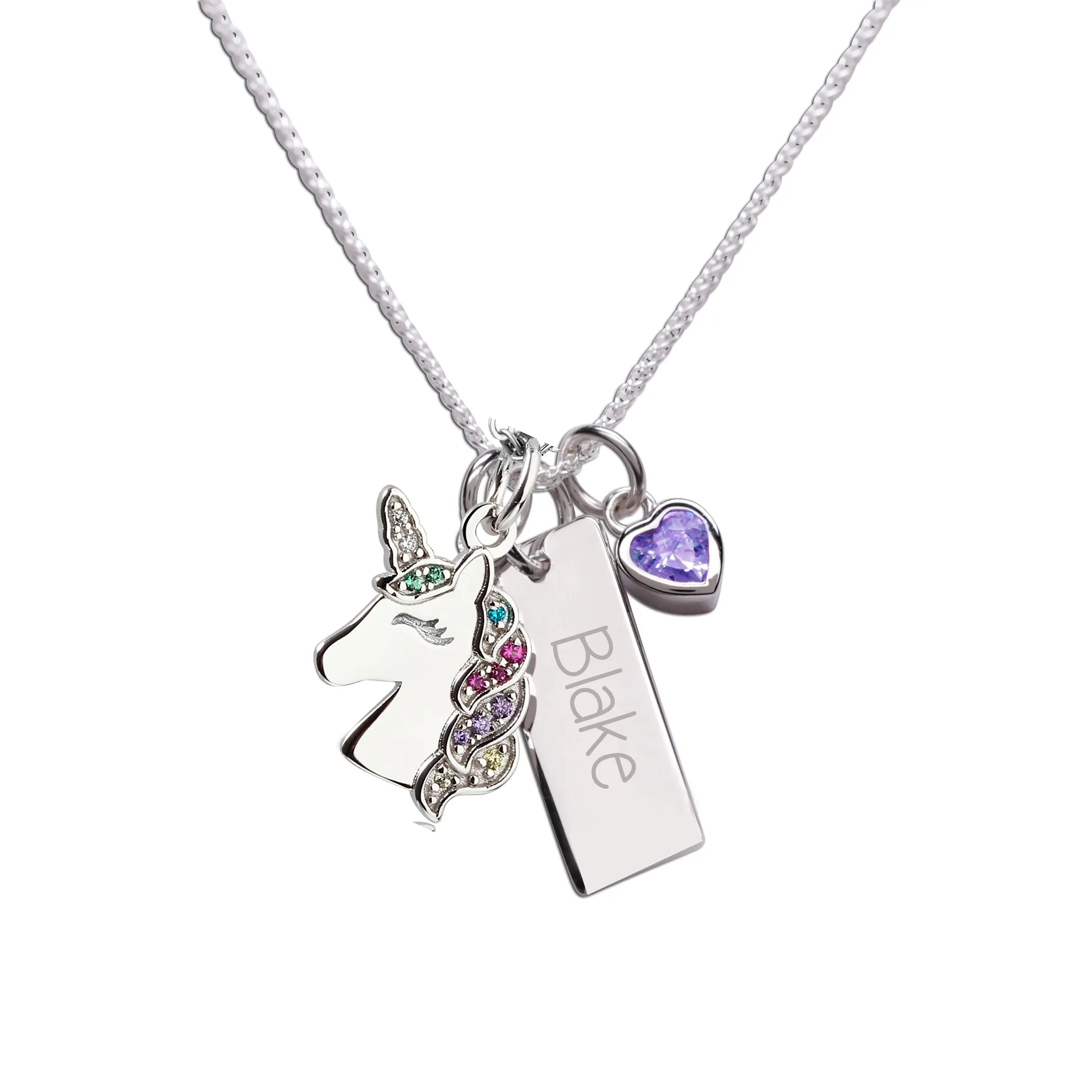 Sterling Silver Kids Unicorn FREE Engraved Bar Necklace with Birthstone Heart