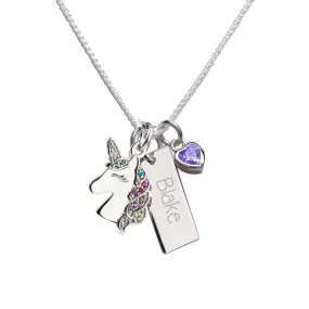 Sterling Silver Kids Unicorn FREE Engraved Bar Necklace with Birthstone Heart