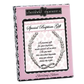 Sterling Silver LDS Baptism Infinity Bracelet with White Pearl and Crystals (6-12 years)