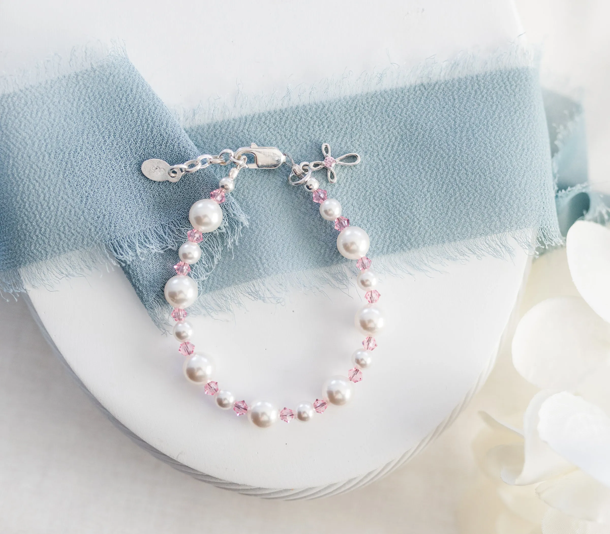 Sterling Silver Pearl and Cross Bracelet for Baptism, Christening, or Communion