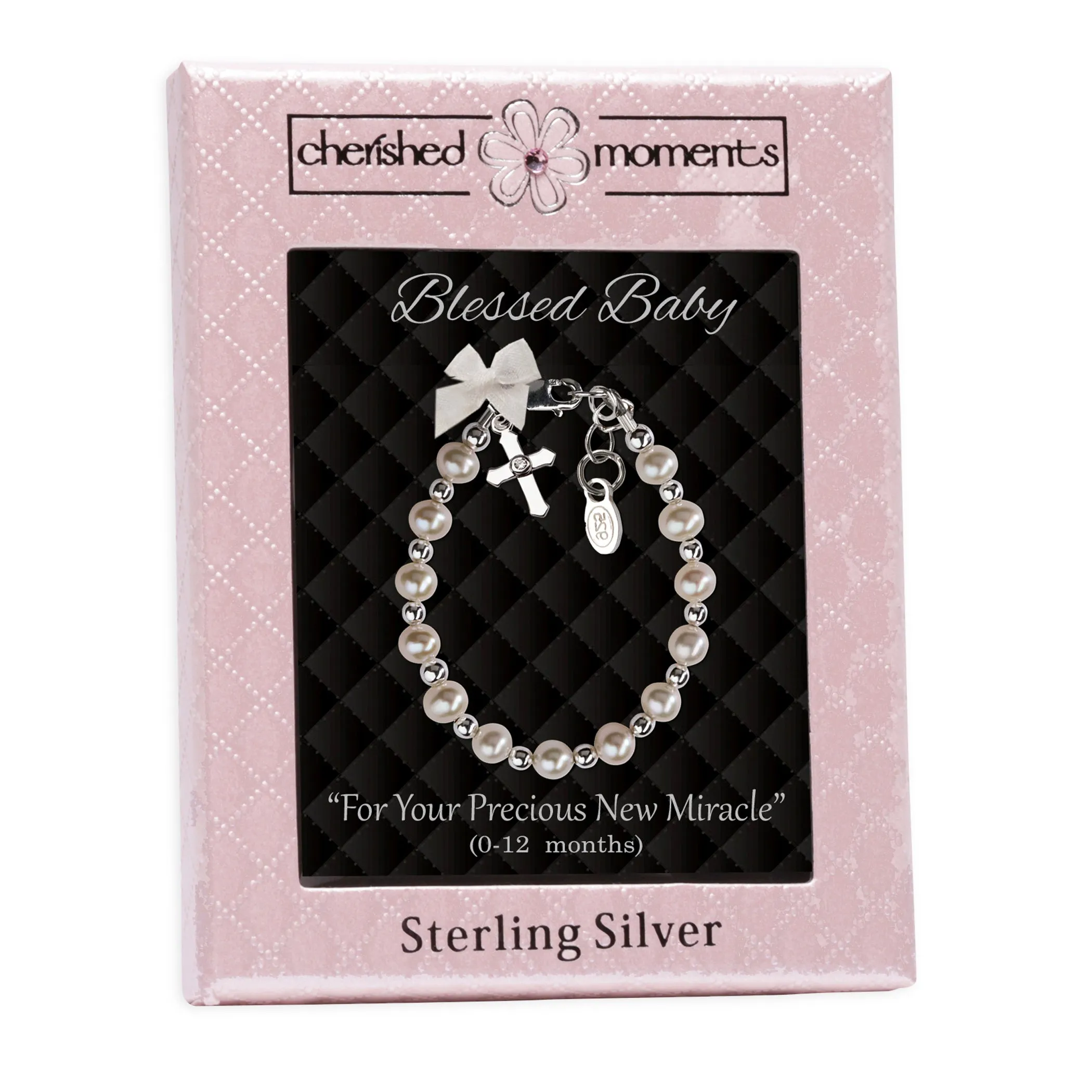 Sterling Silver Pearl Cross Baptism, Christening or Dedication Bracelet for Baby Girl