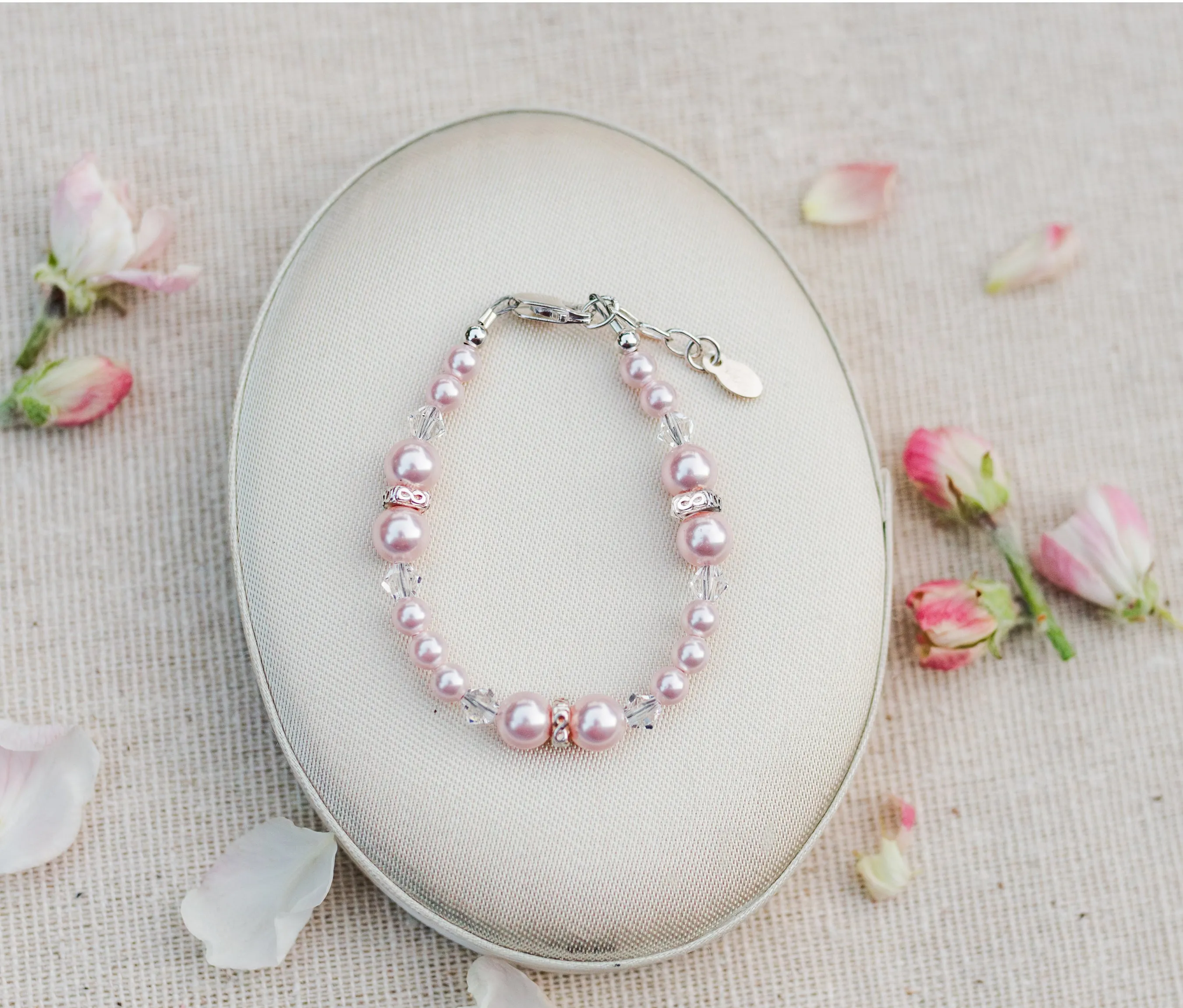 Sterling Silver Pink Simulated Pearl Bracelet for Babies, Toddlers, and Girls