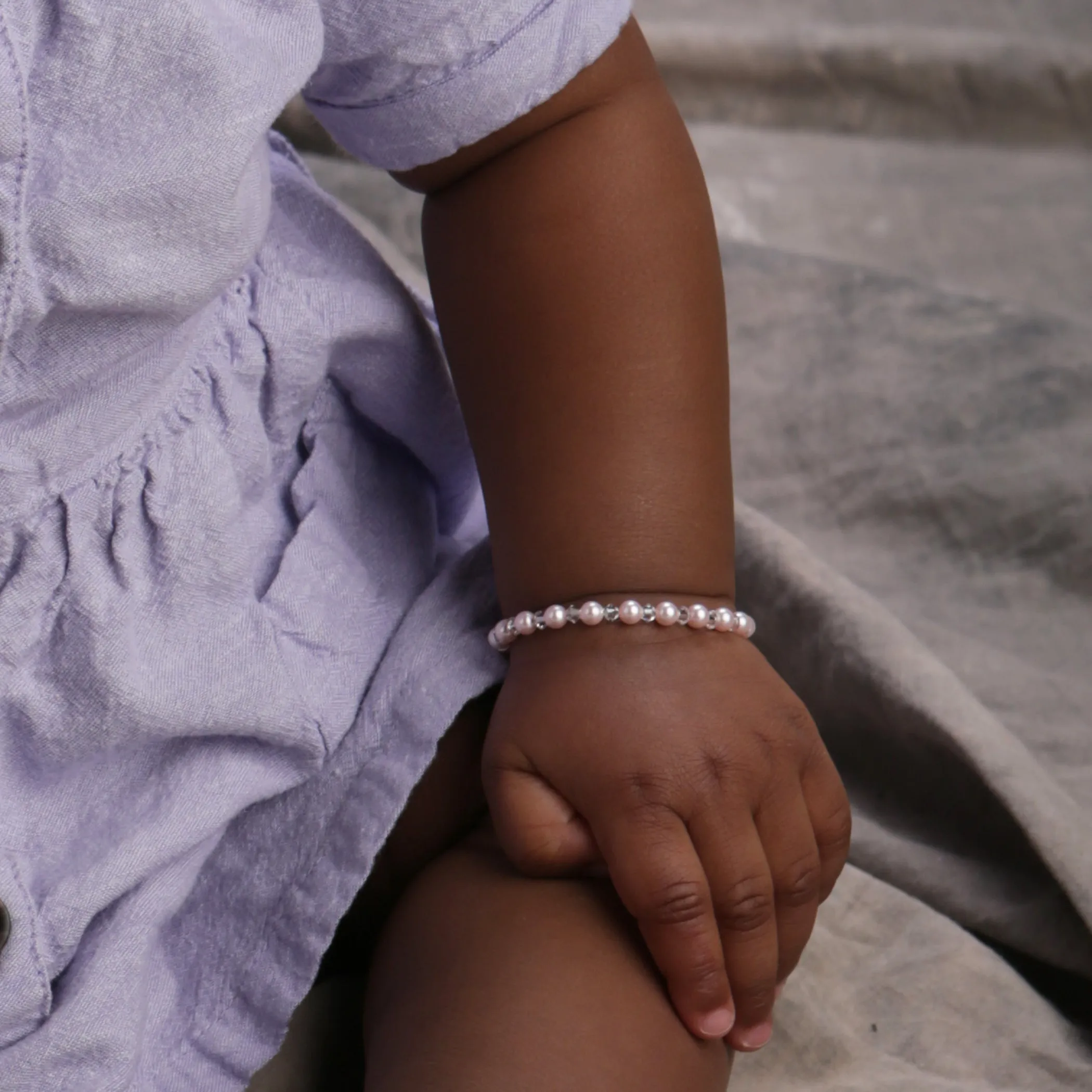 Sterling Silver Pink Simulated Pearl Bracelet for New Infant Baby and Little Girls