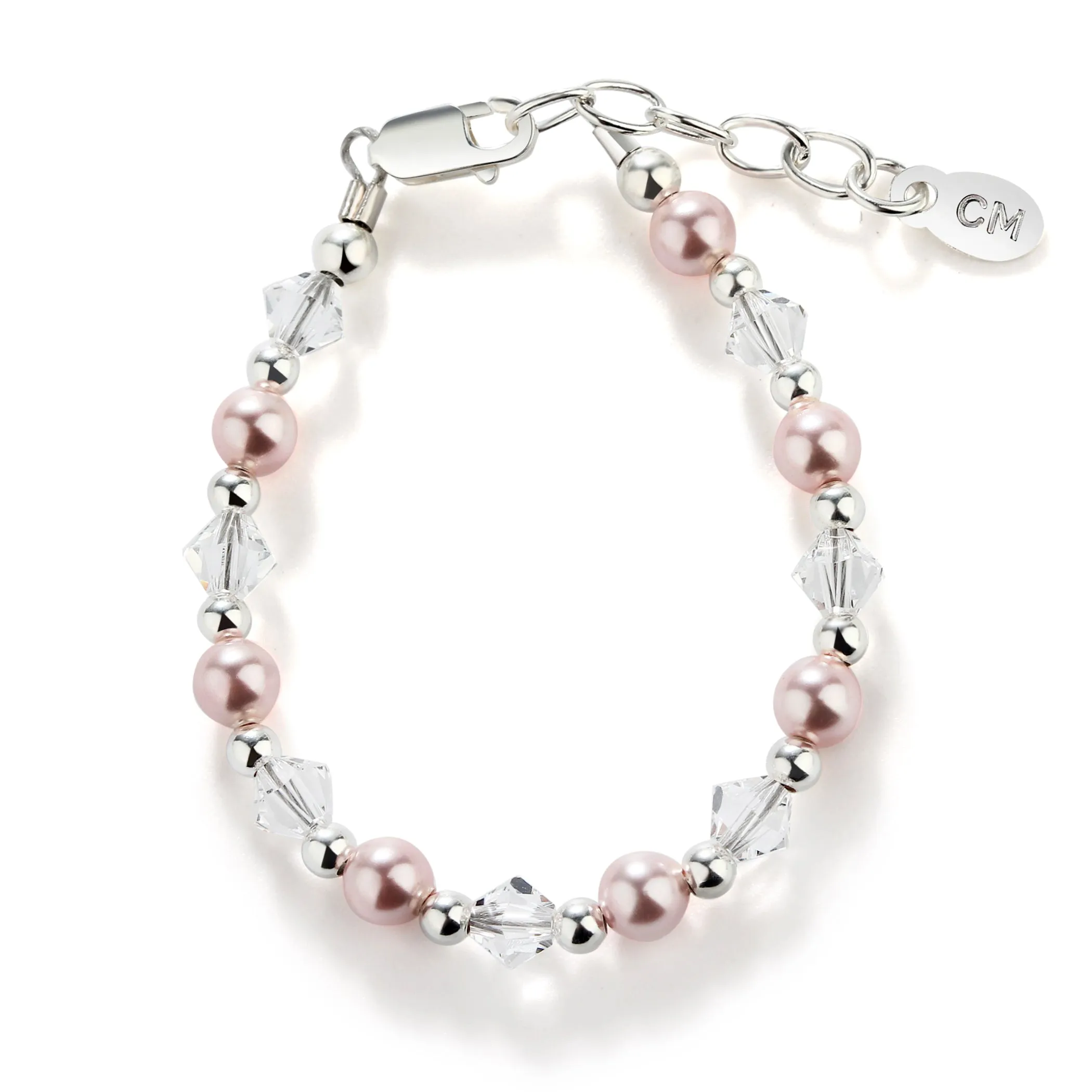 Sterling Silver Pink Simulated Pearl Bracelet for New Infant Baby and Little Girls
