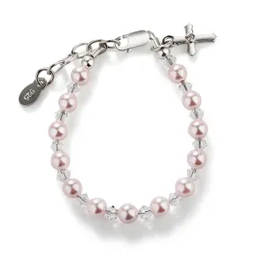 Sterling Silver Pink Simulated Pearl Cross Bracelet for Baptism and Communion Gifts