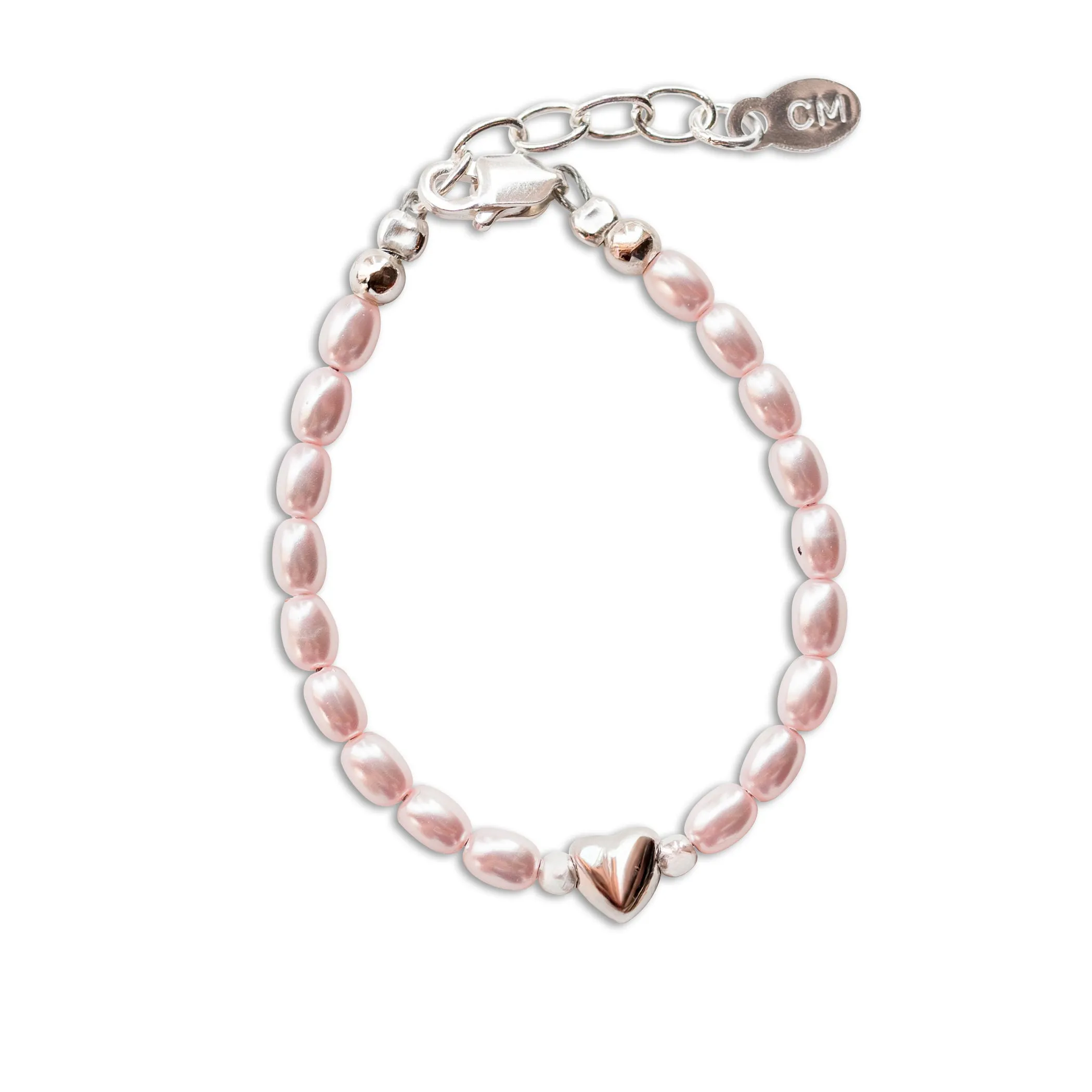 Sterling Silver Pink Simulated Rice Pearl Baby Bracelet for Kids with Heart Bead