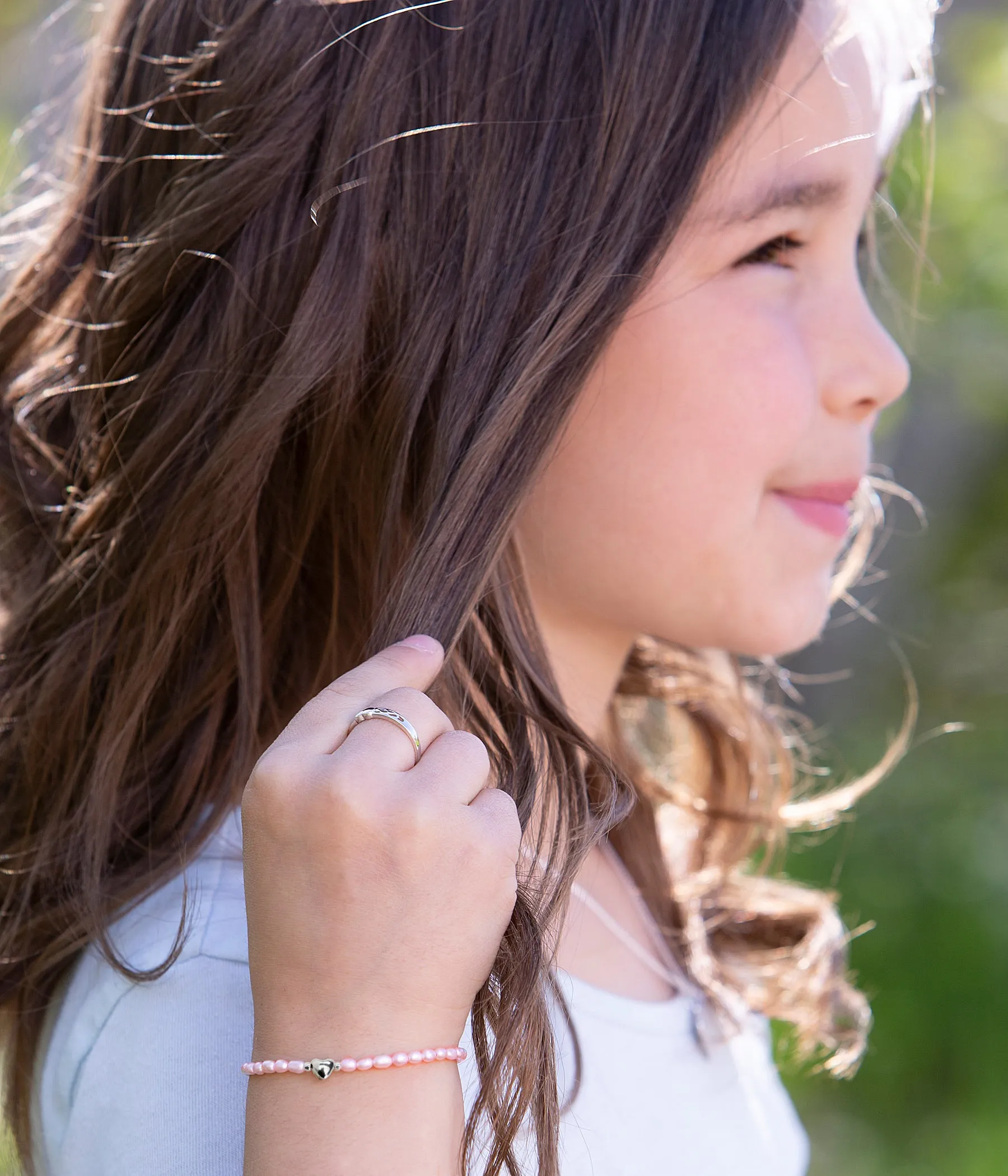 Sterling Silver Pink Simulated Rice Pearl Baby Bracelet for Kids with Heart Bead