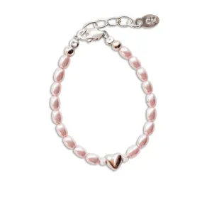 Sterling Silver Pink Simulated Rice Pearl Baby Bracelet for Kids with Heart Bead