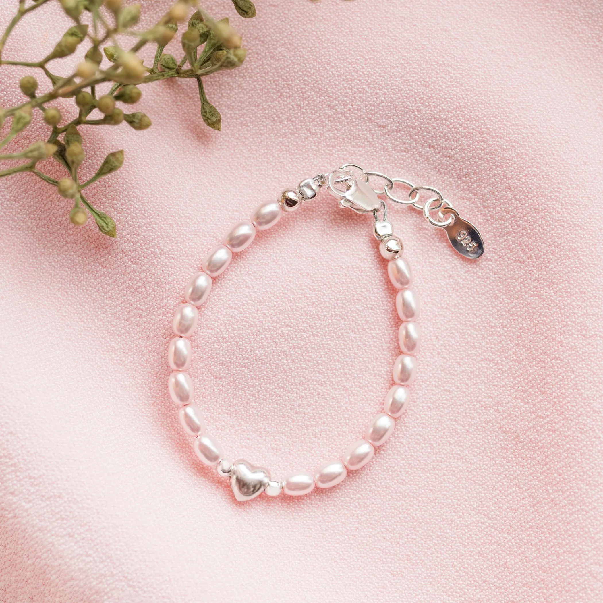 Sterling Silver Pink Simulated Rice Pearl Baby Bracelet for Kids with Heart Bead