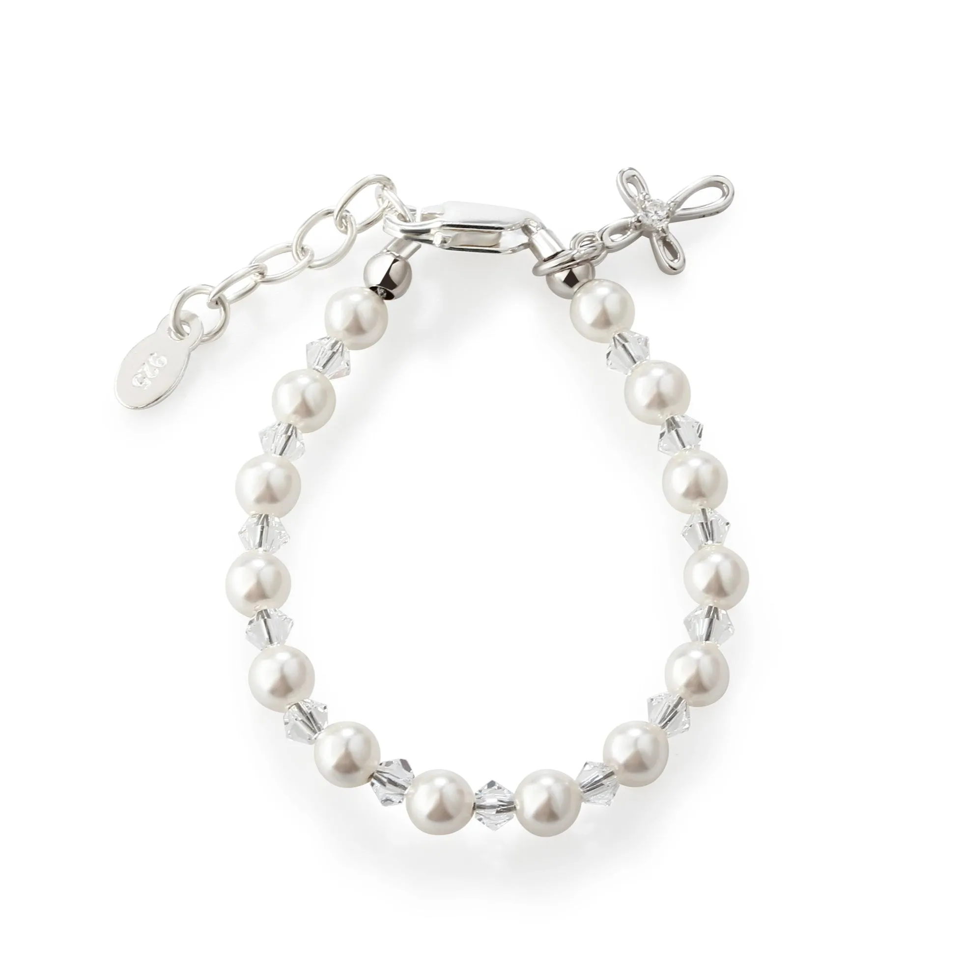 Sterling Silver Simulated Pearl and Cross Bracelet for Baptism, Christening, or Communion