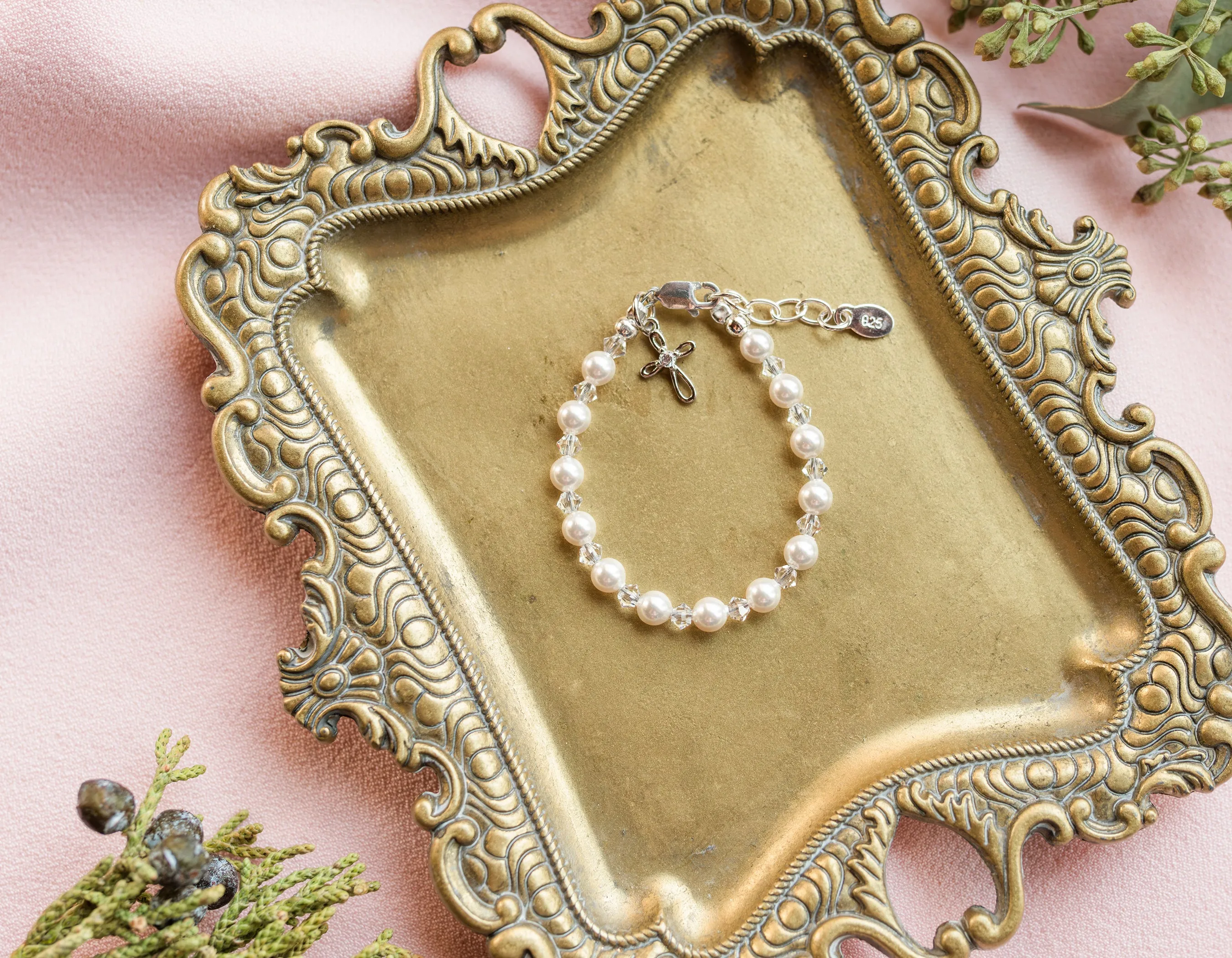 Sterling Silver Simulated Pearl and Cross Bracelet for Baptism, Christening, or Communion