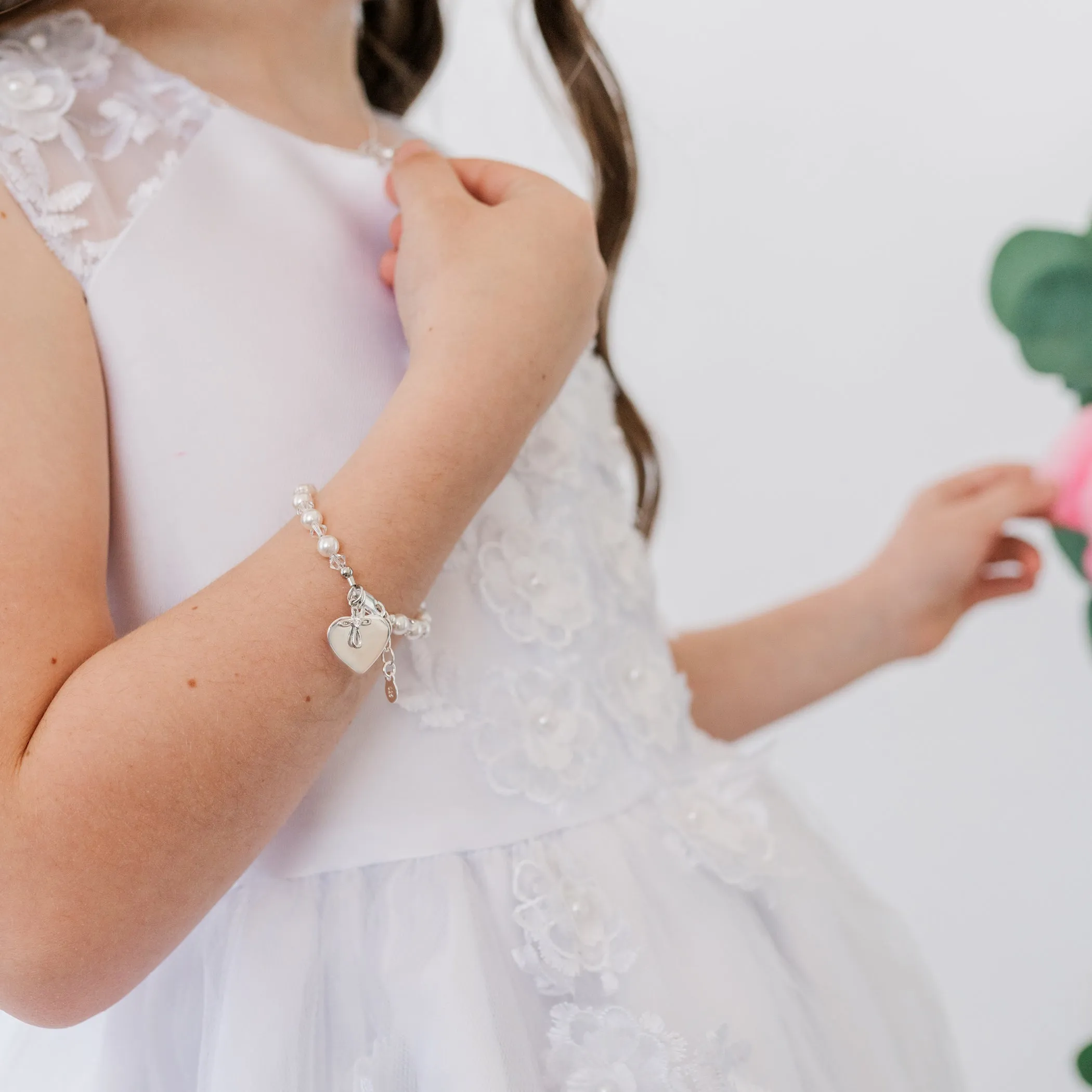 Sterling Silver Simulated Pearl and Cross Bracelet for Baptism, Christening, or Communion