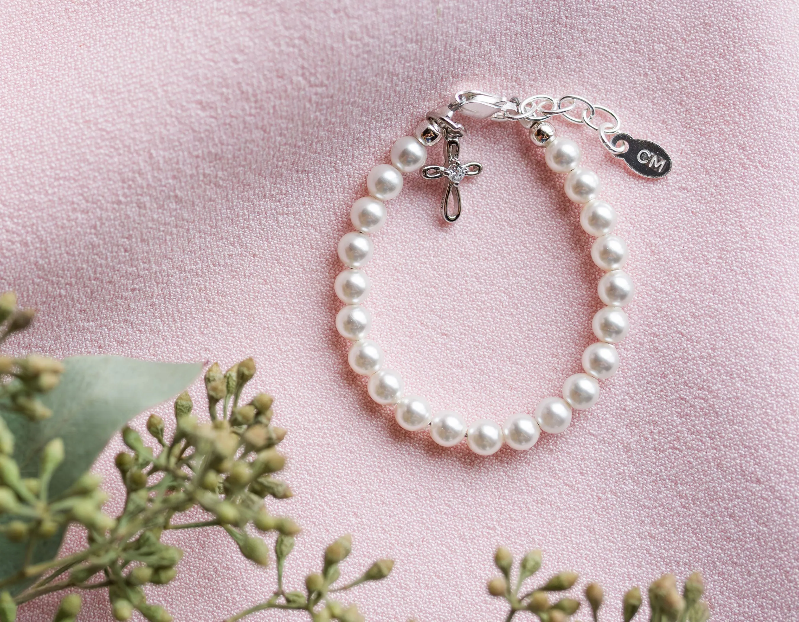 Sterling Silver Simulated Pearl with Cross Bracelet for Infant Baby Baptism or 1st Communion Gift