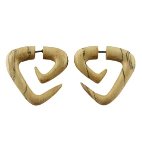 Tamarind Wood Fake Gauge Tri Point Spirals Tribal Earrings