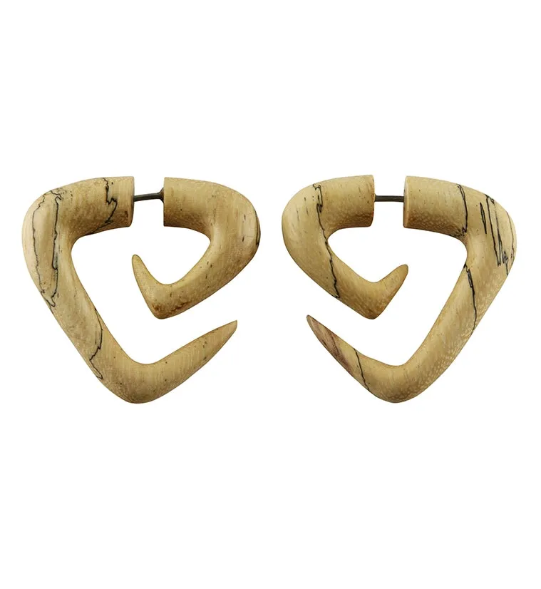 Tamarind Wood Fake Gauge Tri Point Spirals Tribal Earrings