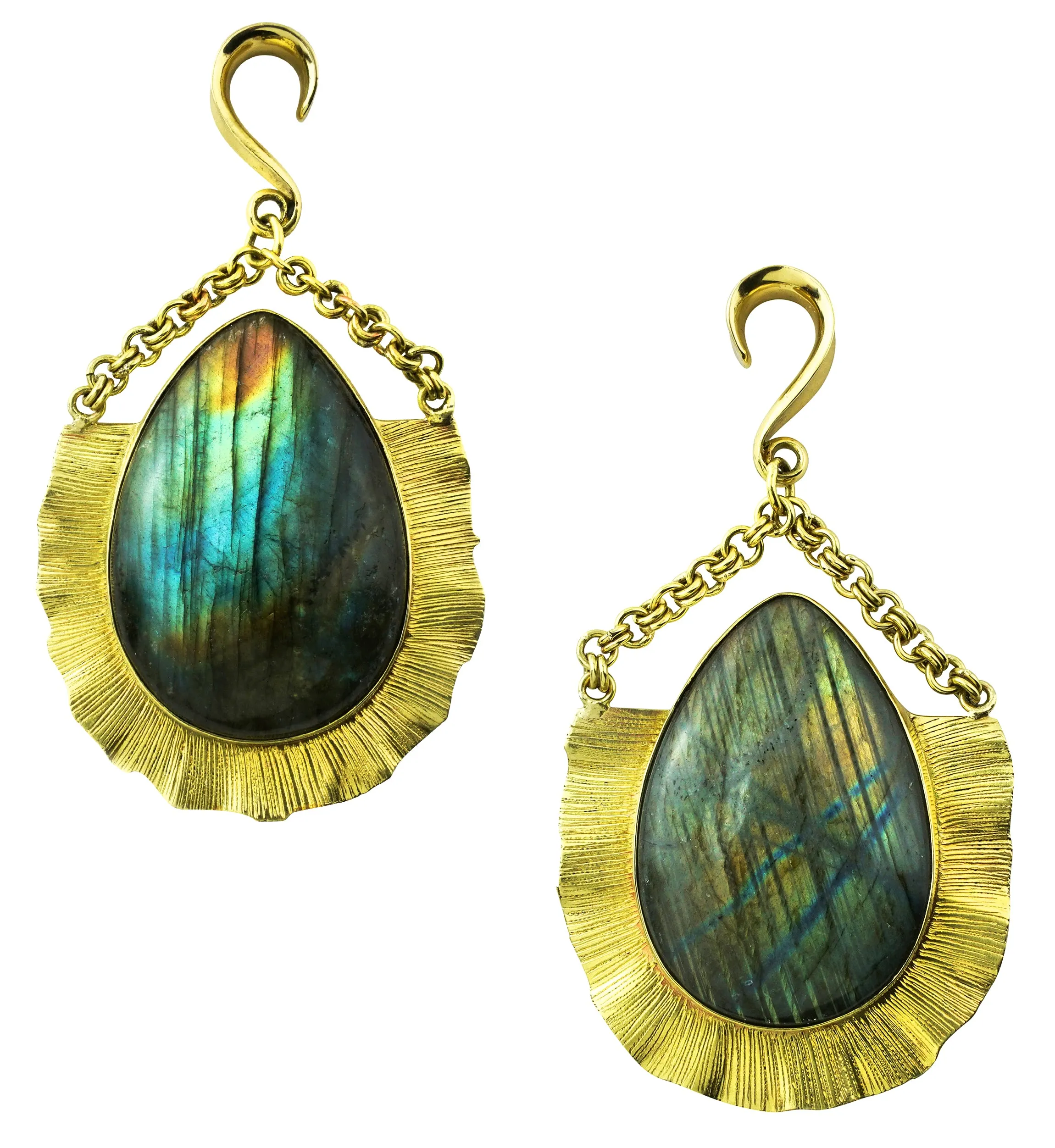 Teardrop Score Labradorite Stone Hanging Brass Ear Weights