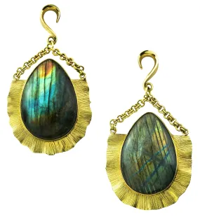 Teardrop Score Labradorite Stone Hanging Brass Ear Weights