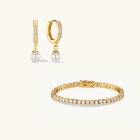 Tennis Chain Bracelet & Crystal Pearl Hoop Earrings Set Gold