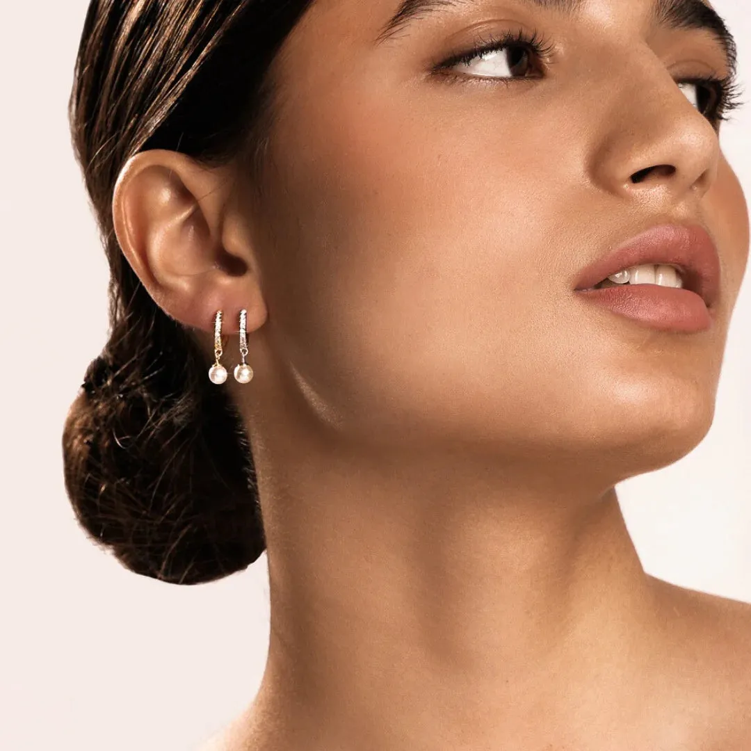 Tennis Chain Bracelet & Crystal Pearl Hoop Earrings Set Gold
