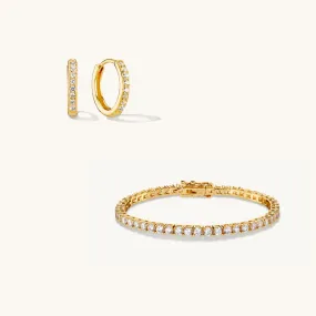 Tennis Chain Bracelet & Small Pave Hoops Set Gold