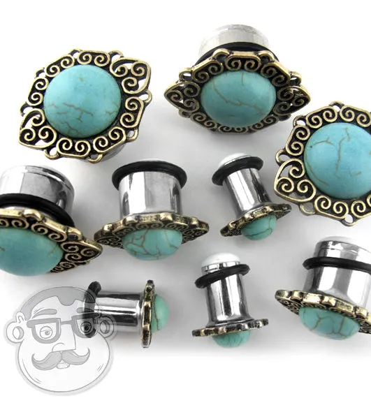 Turquoise Stone Cabochon Front Steel Plugs