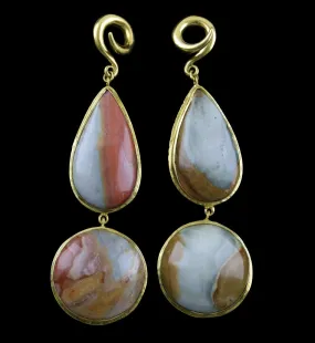 V4 Double Polychrome Ocean Jasper Stone Brass Ear Weights