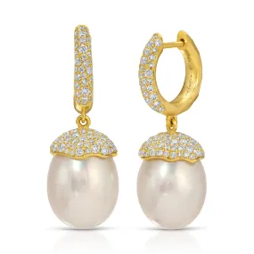 White Pearl & Diamond Orb Earrings