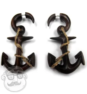 Wooden Anchor Fake Gauge Tribal Earrings (19G - 0.9mm)